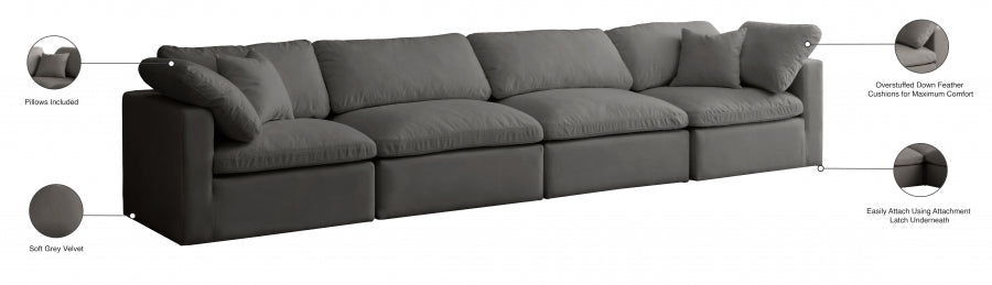 Plush Grey Velvet Standard Modular Down Filled Cloud-Like Comfort Overstuffed 140" Sofa - 602Grey-S140 - Vega Furniture