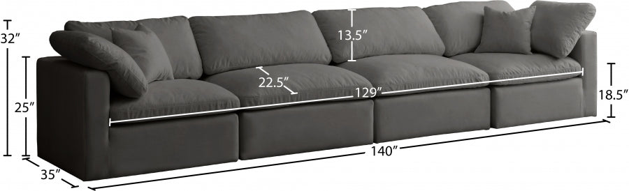 Plush Grey Velvet Standard Modular Down Filled Cloud-Like Comfort Overstuffed 140" Sofa - 602Grey-S140 - Vega Furniture