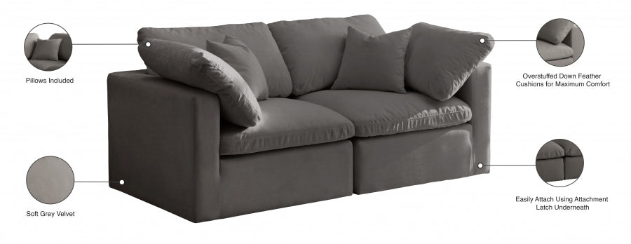 Plush Grey Velvet Standard Modular Down Filled Cloud-Like Comfort Overstuffed 70" Loveseat - 602Grey-S70 - Vega Furniture