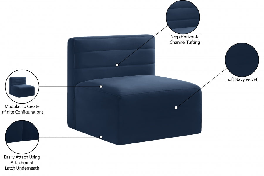 Quincy Blue Velvet Modular Cloud-Like Comfort Armless Chair - 677Navy-Armless - Vega Furniture