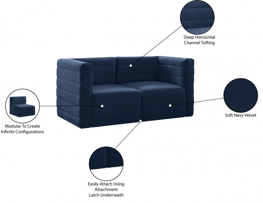 Quincy Blue Velvet Modular Cloud-Like Comfort Loveseat - 677Navy-S63 - Vega Furniture