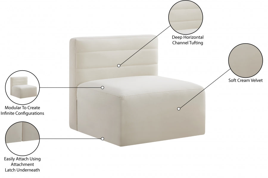 Quincy Cream Velvet Modular Cloud-Like Comfort Armless Chair - 677Cream-Armless - Vega Furniture