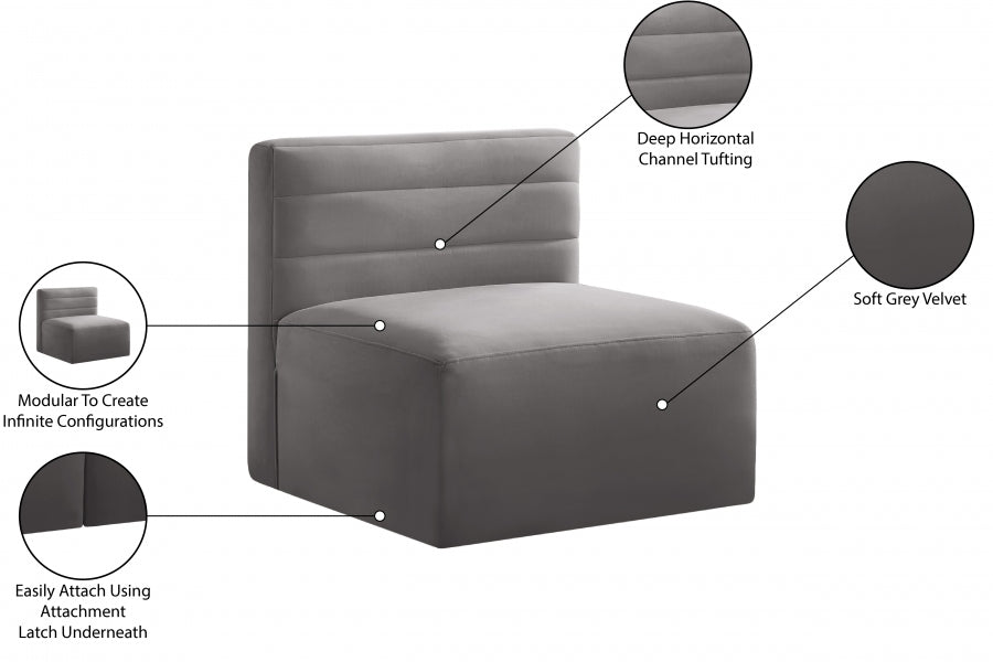 Quincy Grey Velvet Modular Cloud-Like Comfort Armless Chair - 677Grey-Armless - Vega Furniture