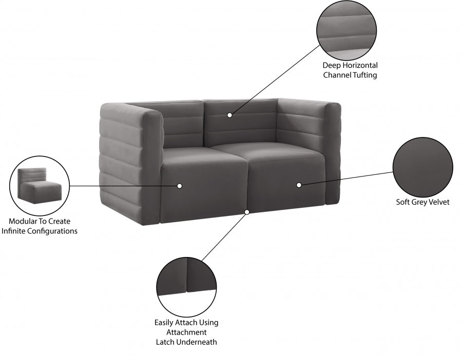 Quincy Grey Velvet Modular Cloud-Like Comfort Loveseat - 677Grey-S63 - Vega Furniture