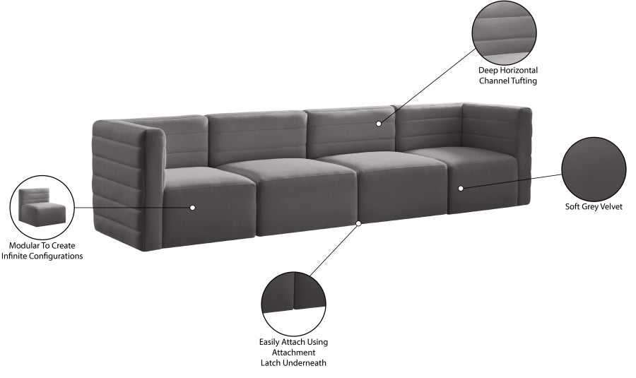 Quincy Grey Velvet Modular Cloud-Like Comfort Sofa - 677Grey-S126 - Vega Furniture