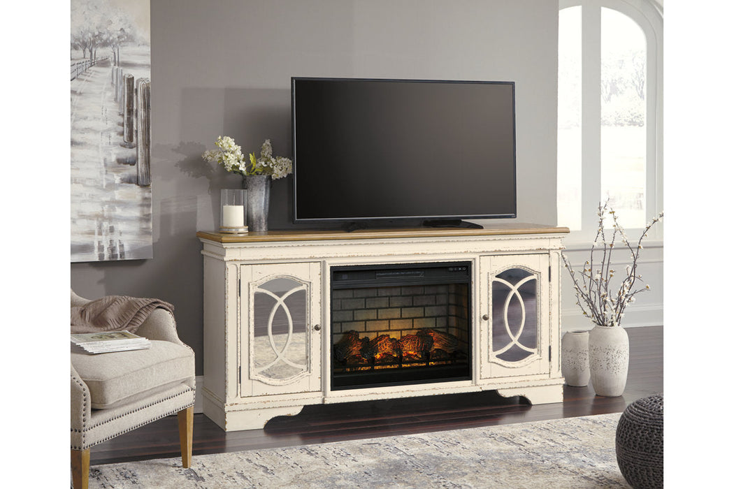 Realyn Chipped White 74" TV Stand with Electric Fireplace - SET | W743-68 | W100-121 - Vega Furniture