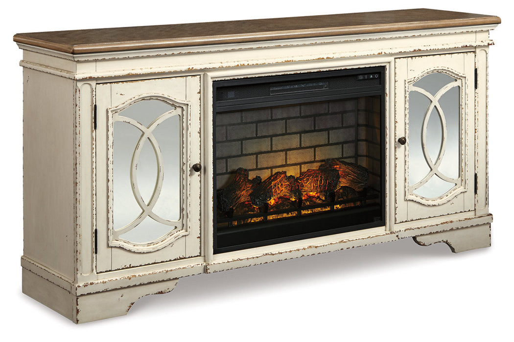 Realyn Chipped White 74" TV Stand with Electric Fireplace - SET | W743-68 | W100-121 - Vega Furniture