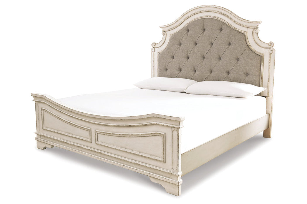 Realyn Chipped White King Upholstered Panel Bed - SET | B743-56 | B743-58 | B743-97 - Vega Furniture