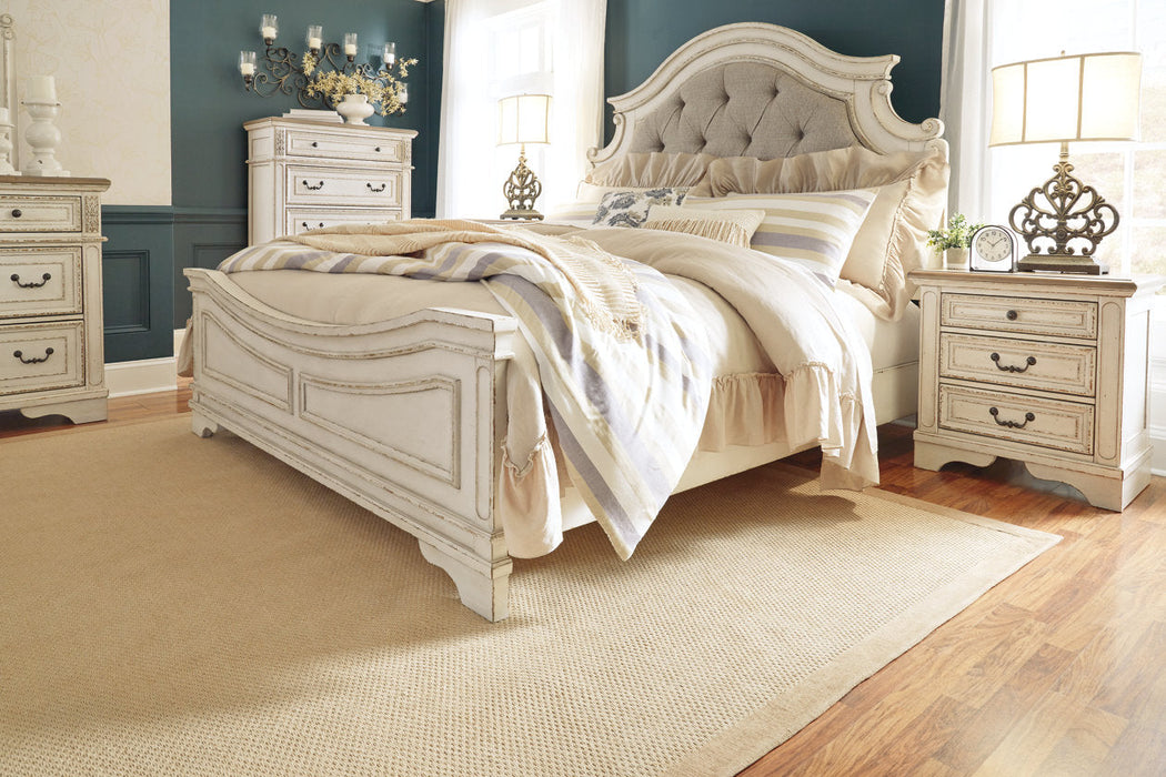 Realyn Chipped White Queen Upholstered Panel Bed - SET | B743-54 | B743-57 | B743-96 - Vega Furniture