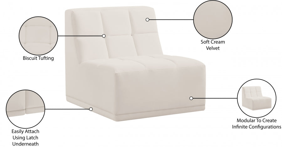 Relax Cream Velvet Modular Armless Chair - 650Cream-Armless - Vega Furniture