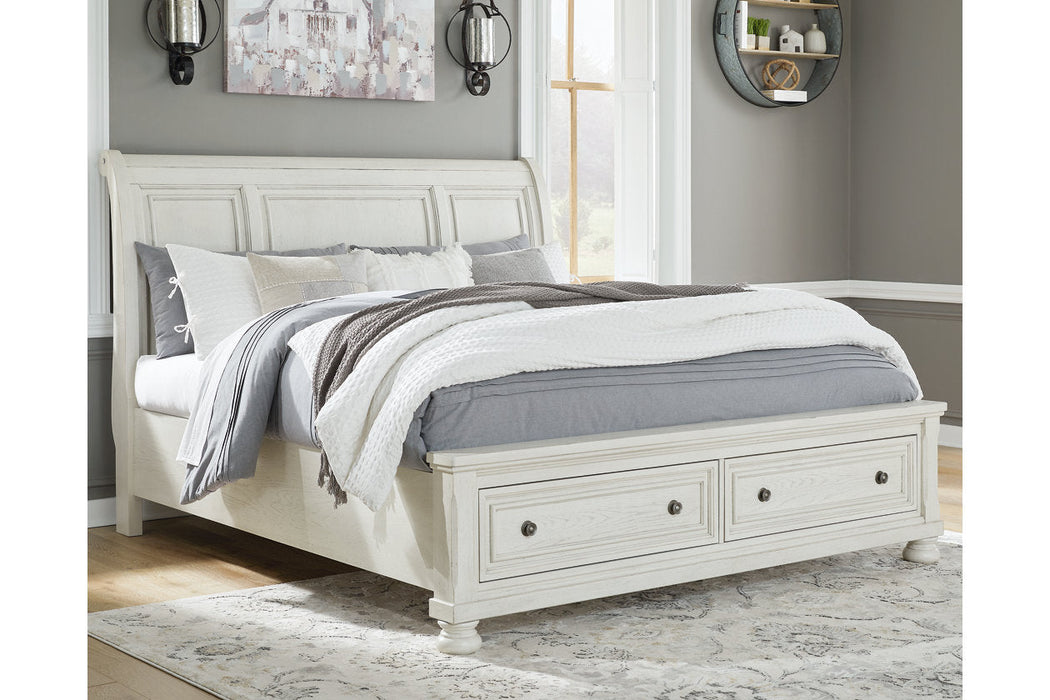 Robbinsdale Antique White King Sleigh Bed with Storage - SET | B742-76 | B742-78 | B742-99 - Vega Furniture