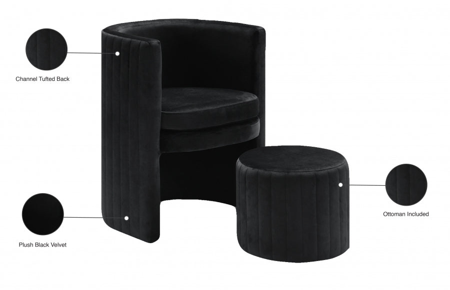 Selena Black Velvet Accent Chair and Ottoman Set - 555Black - Vega Furniture