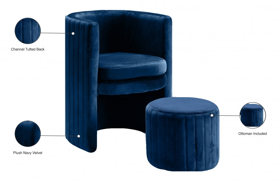 Selena Blue Velvet Accent Chair and Ottoman Set - 555Navy - Vega Furniture