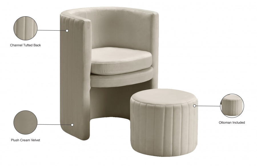 Selena Cream Velvet Accent Chair and Ottoman Set - 555Cream - Vega Furniture