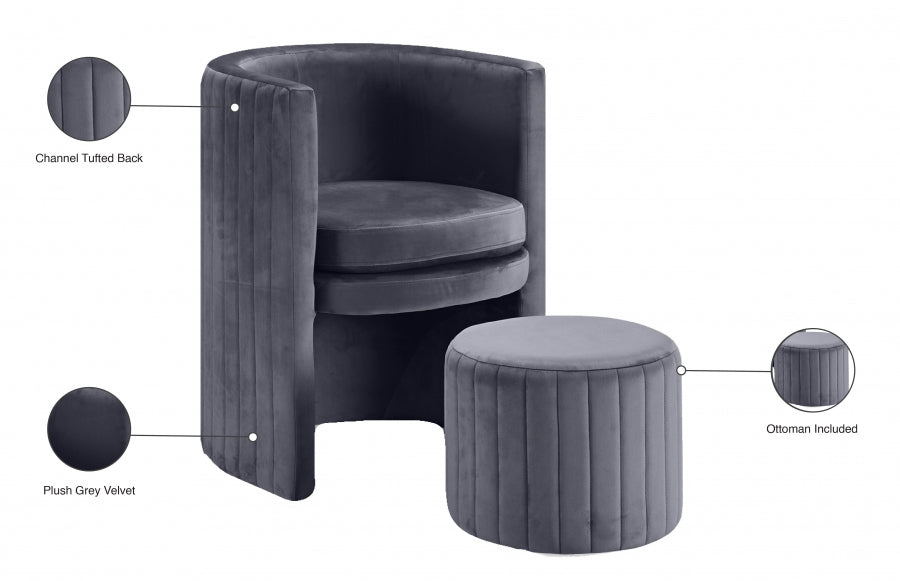 Selena Grey Velvet Accent Chair and Ottoman Set - 555Grey - Vega Furniture