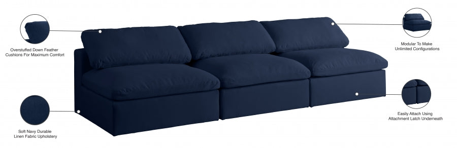 Serene Blue Linen Textured Deluxe Modular Down Filled Cloud-Like Comfort Overstuffed 117" Armless Sofa - 601Navy-S117 - Vega Furniture