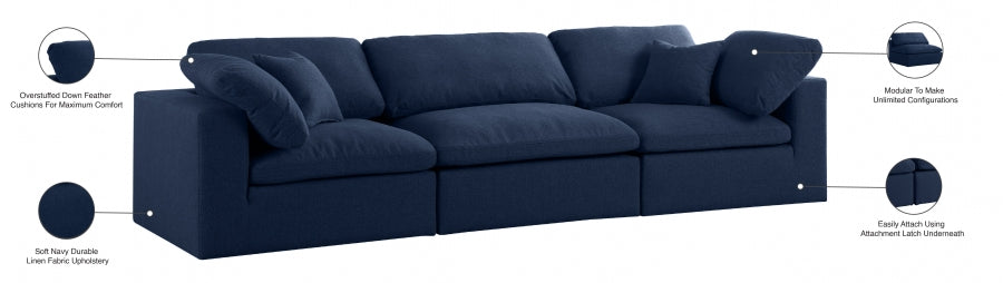 Serene Blue Linen Textured Deluxe Modular Down Filled Cloud-Like Comfort Overstuffed 119" Sofa - 601Navy-S119 - Vega Furniture