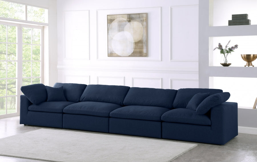 Serene Blue Linen Textured Deluxe Modular Down Filled Cloud-Like Comfort Overstuffed 158" Sofa - 601Navy-S158 - Vega Furniture