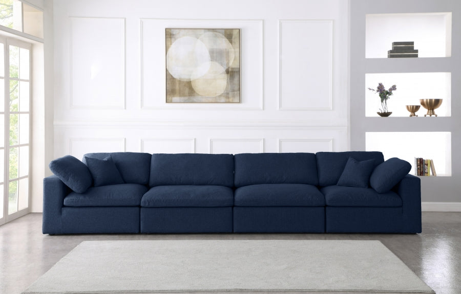 Serene Blue Linen Textured Deluxe Modular Down Filled Cloud-Like Comfort Overstuffed 158" Sofa - 601Navy-S158 - Vega Furniture