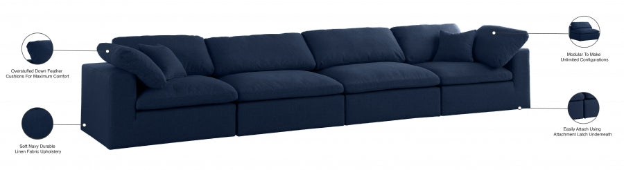 Serene Blue Linen Textured Deluxe Modular Down Filled Cloud-Like Comfort Overstuffed 158" Sofa - 601Navy-S158 - Vega Furniture