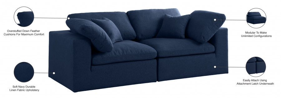 Serene Blue Linen Textured Deluxe Modular Down Filled Cloud-Like Comfort Overstuffed 80 Loveseat - 601Navy-S80 - Vega Furniture