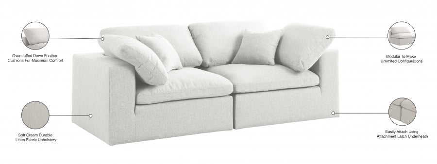 Serene Cream Linen Textured Deluxe Modular Down Filled Cloud-Like Comfort Overstuffed 80 Loveseat - 601Cream-S80 - Vega Furniture