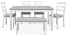 STONEHOLLOW White/Gray Dining Table and Chairs with Bench (Set of 6) - D382-325 - Vega Furniture