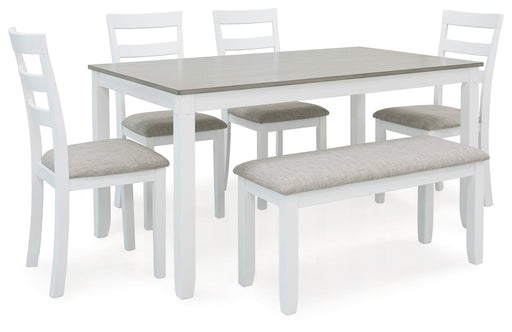 STONEHOLLOW White/Gray Dining Table and Chairs with Bench (Set of 6) - D382-325 - Vega Furniture