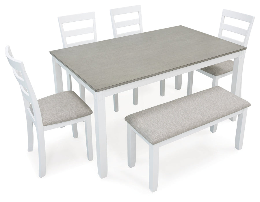 STONEHOLLOW White/Gray Dining Table and Chairs with Bench (Set of 6) - D382-325 - Vega Furniture