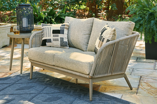 Swiss Valley Beige Outdoor Loveseat with Cushion - P390-835 - Vega Furniture