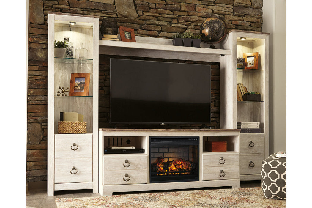 Willowton Whitewash 4-Piece Entertainment Center with Electric Fireplace - SET | W100-101 | W267-24(2) | W267-27 | W267-68 - Vega Furniture