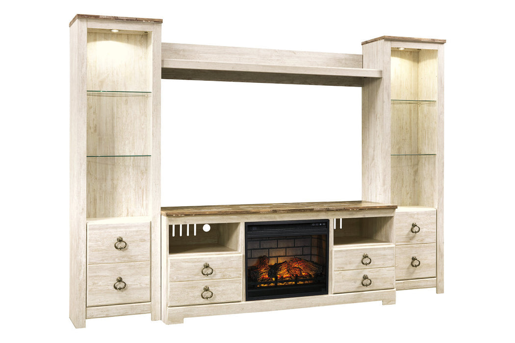 Willowton Whitewash 4-Piece Entertainment Center with Electric Fireplace - SET | W100-101 | W267-24(2) | W267-27 | W267-68 - Vega Furniture