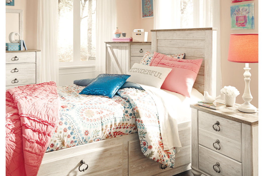 Willowton Whitewash Twin Panel Bed with 2 Storage Drawers - SET | B100-11 | B267-50 | B267-52 | B267-53 - Vega Furniture