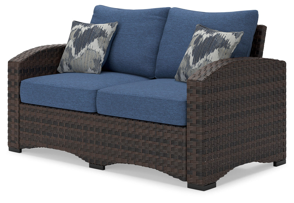 Windglow Blue/Brown Outdoor Loveseat with Cushion - P340-835 - Vega Furniture