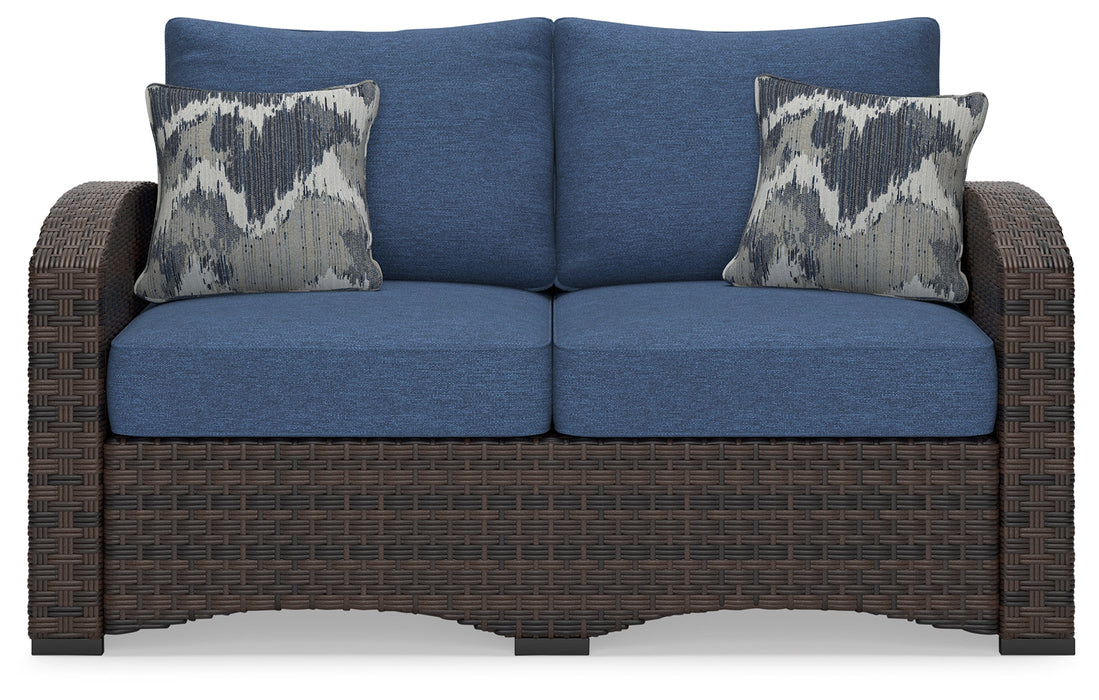 Windglow Blue/Brown Outdoor Loveseat with Cushion - P340-835 - Vega Furniture