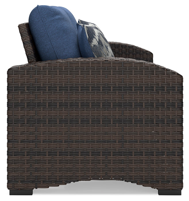 Windglow Blue/Brown Outdoor Loveseat with Cushion - P340-835 - Vega Furniture