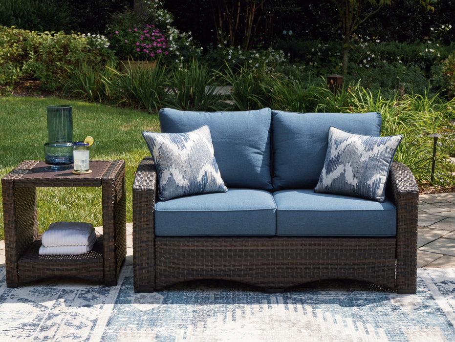 Windglow Blue/Brown Outdoor Loveseat with Cushion - P340-835 - Vega Furniture