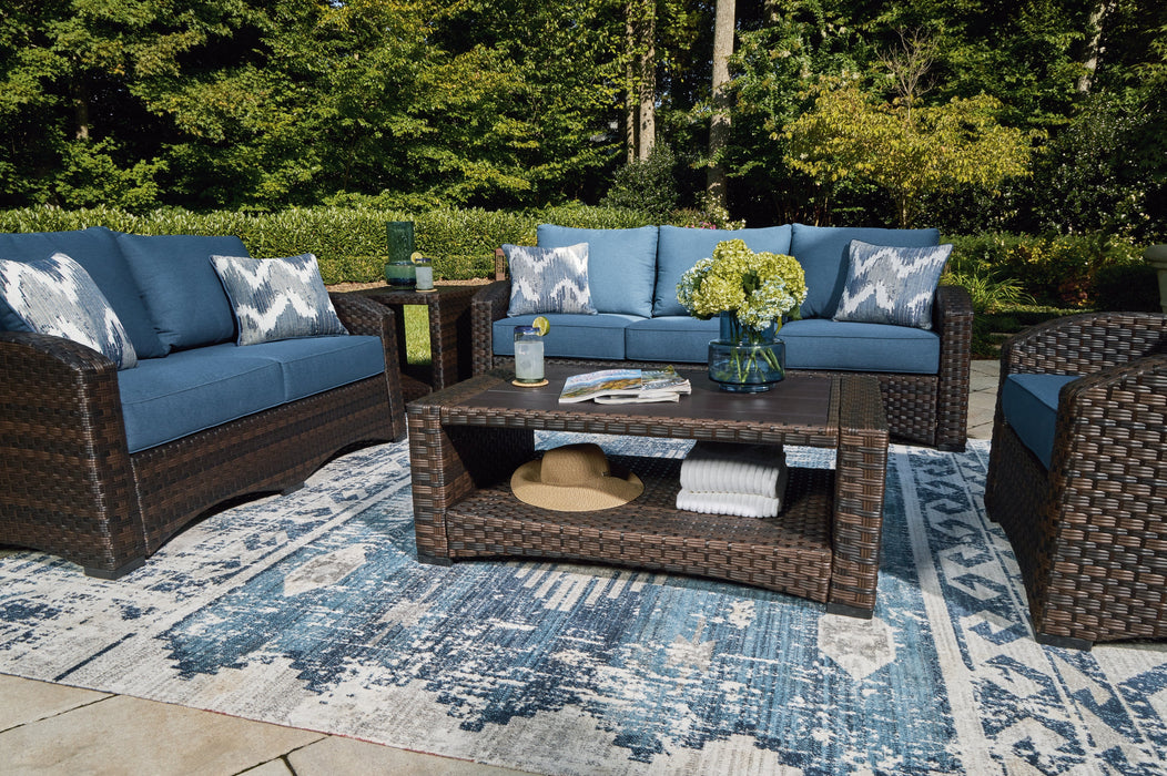 Windglow Blue/Brown Outdoor Loveseat with Cushion - P340-835 - Vega Furniture